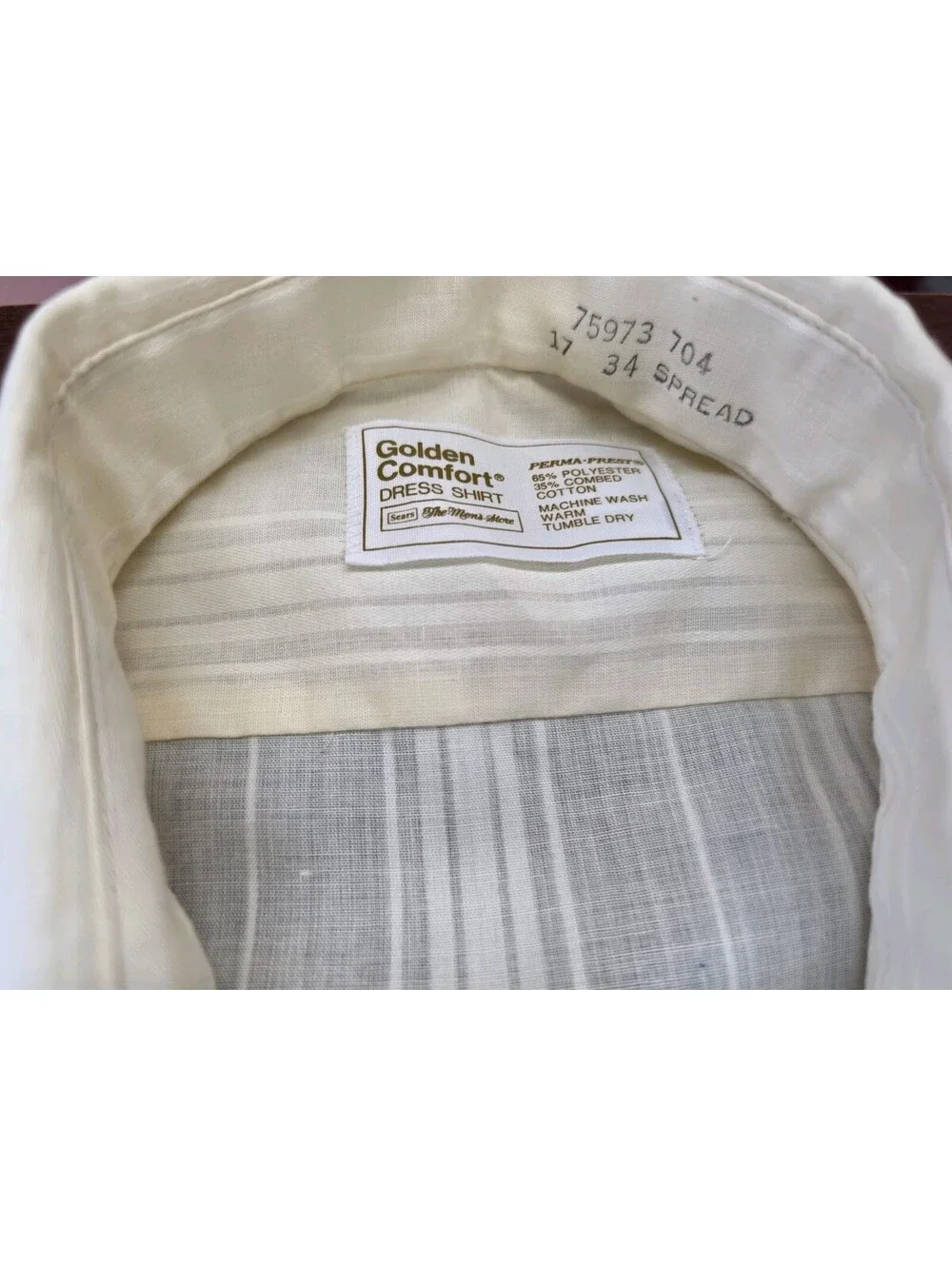 Vintage Sears Golden Comfort Men 17x34 Cream Stripe Long Sleeve Dress Shirt L